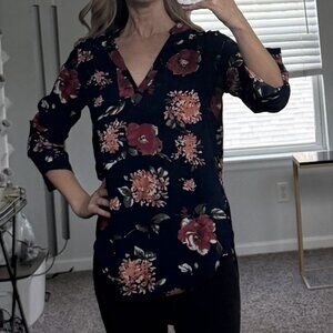 Navy, floral, button-down top